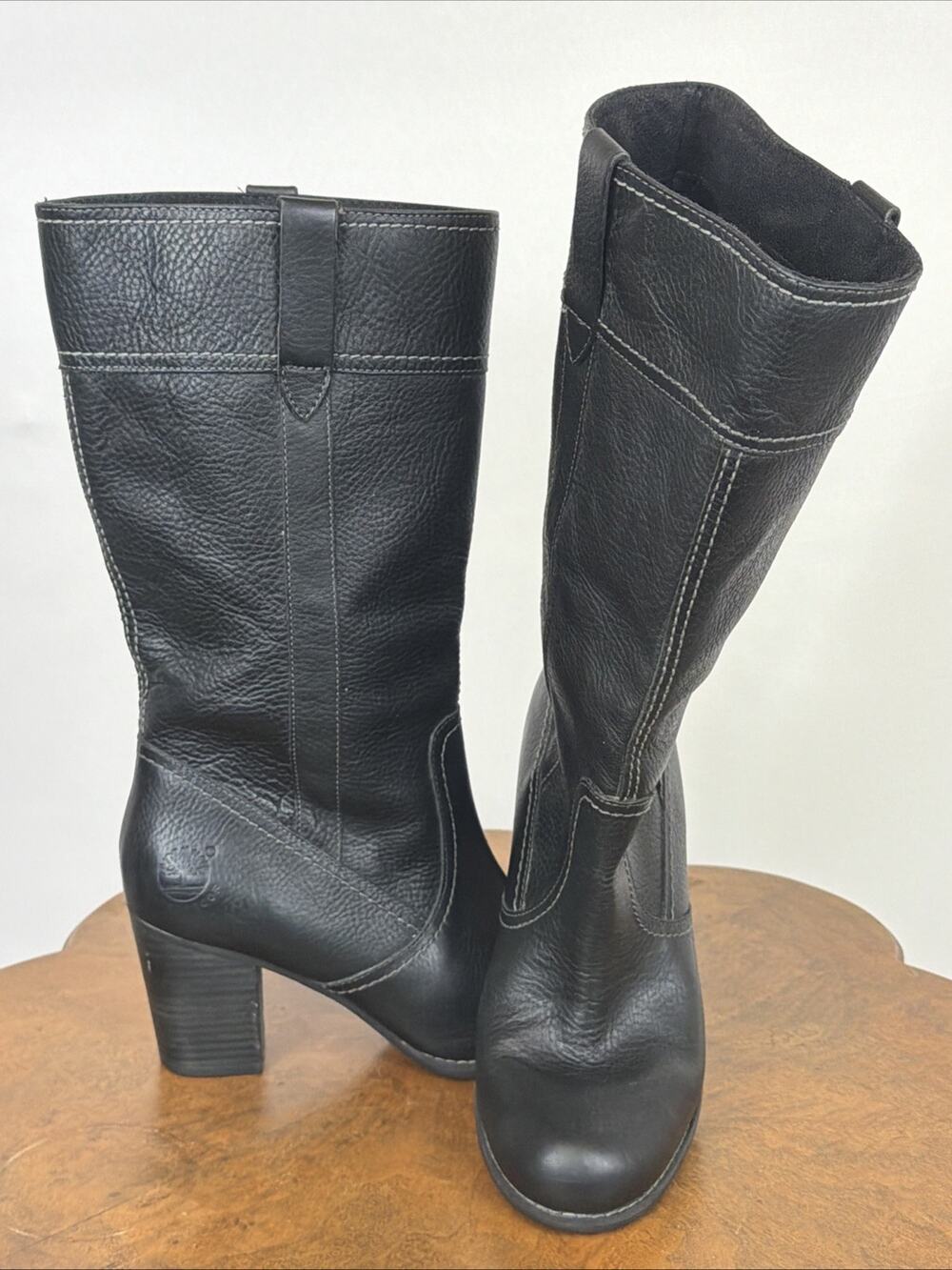 Timberland Black Leather Tall Boots Stacked Heel Zip Up Women's 7.5